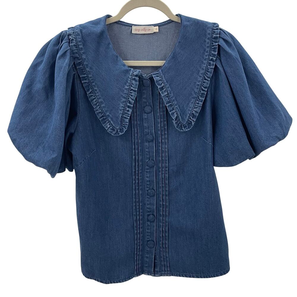 Ivy City Co Andrea Blouse Top Blue Denim S - Picture 3 of 8